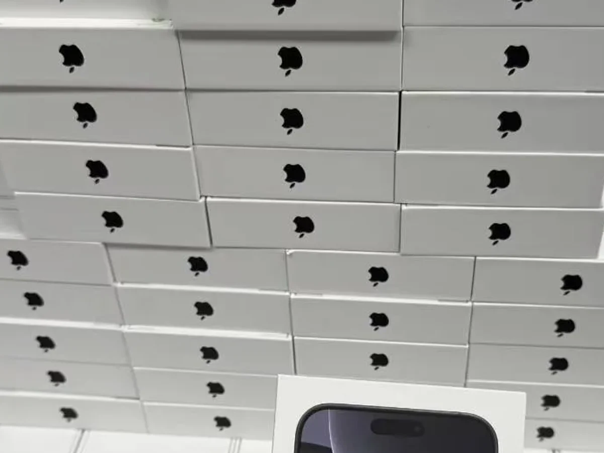 Boxed iPhone 16 Pro Max inventory from a recent supplier batch after identifier-safe cropping
