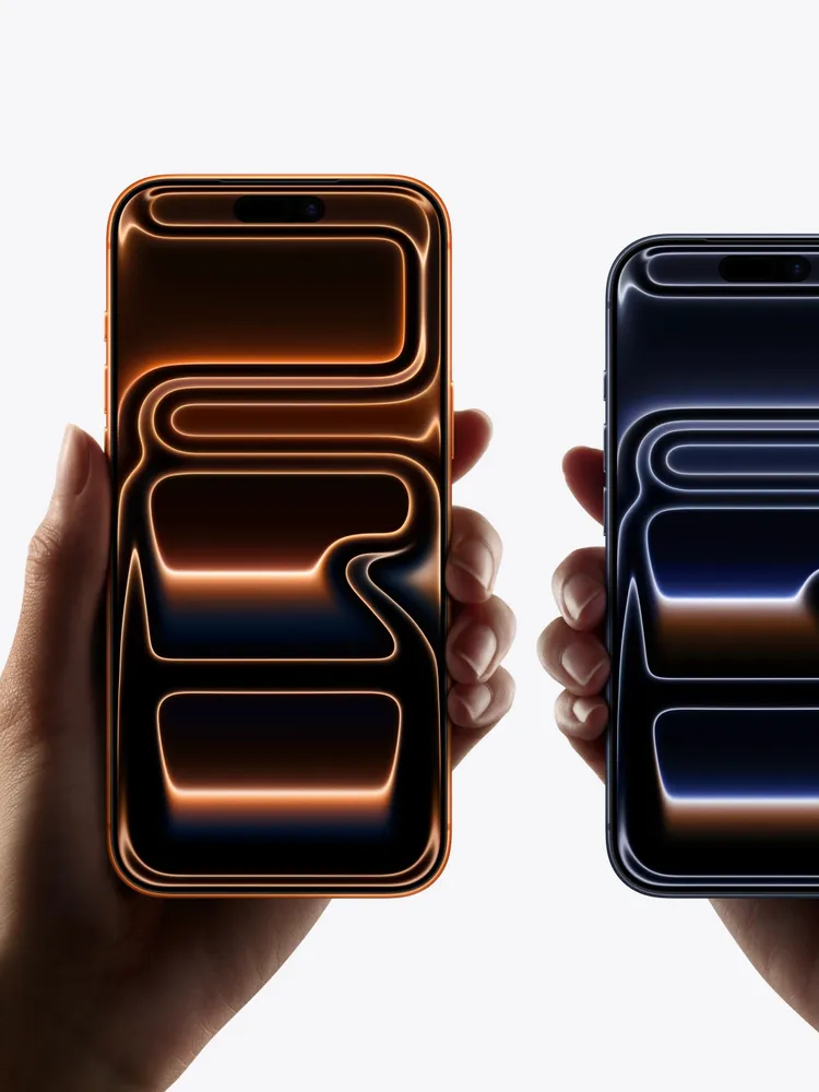 iPhone 17 Pro shown in Cosmic Orange and Deep Blue from the front