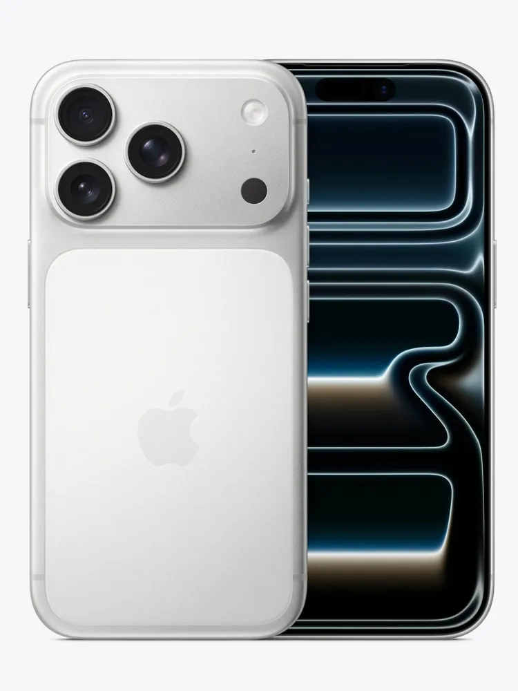 Silver iPhone 17 Pro shown from the front and back